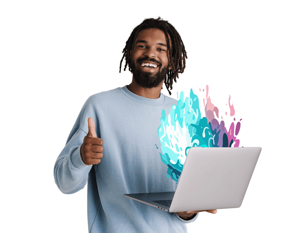 Happy customer holding laptop